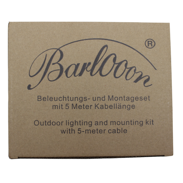 5 Meter Beleuchtungs- und Montageset Barlooon wetterfester Outdoor Lampion Verpackung Draufsicht