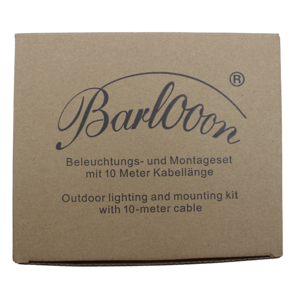 10 Meter Beleuchtungs- und Montageset Barlooon wetterfester Outdoor Lampion Verpackung Draufsicht