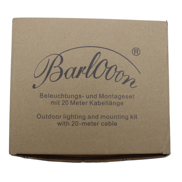20 Meter Beleuchtungs- und Montageset Barlooon wetterfester Outdoor Lampion Verpackung Draufsicht